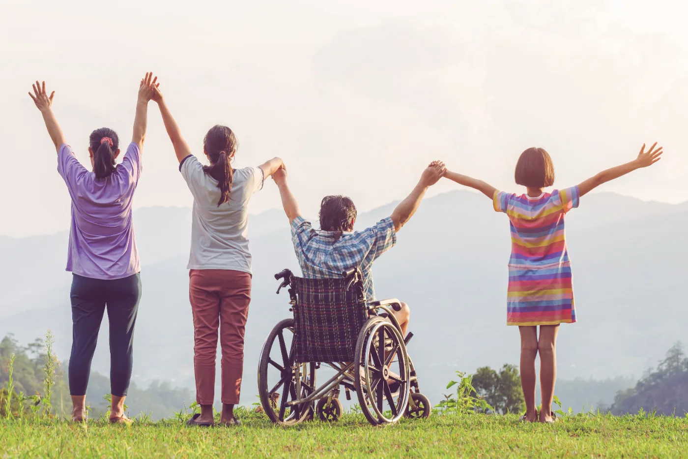 Group of people, one using a wheelchair, holding hands with arms raised looking out over mountains
