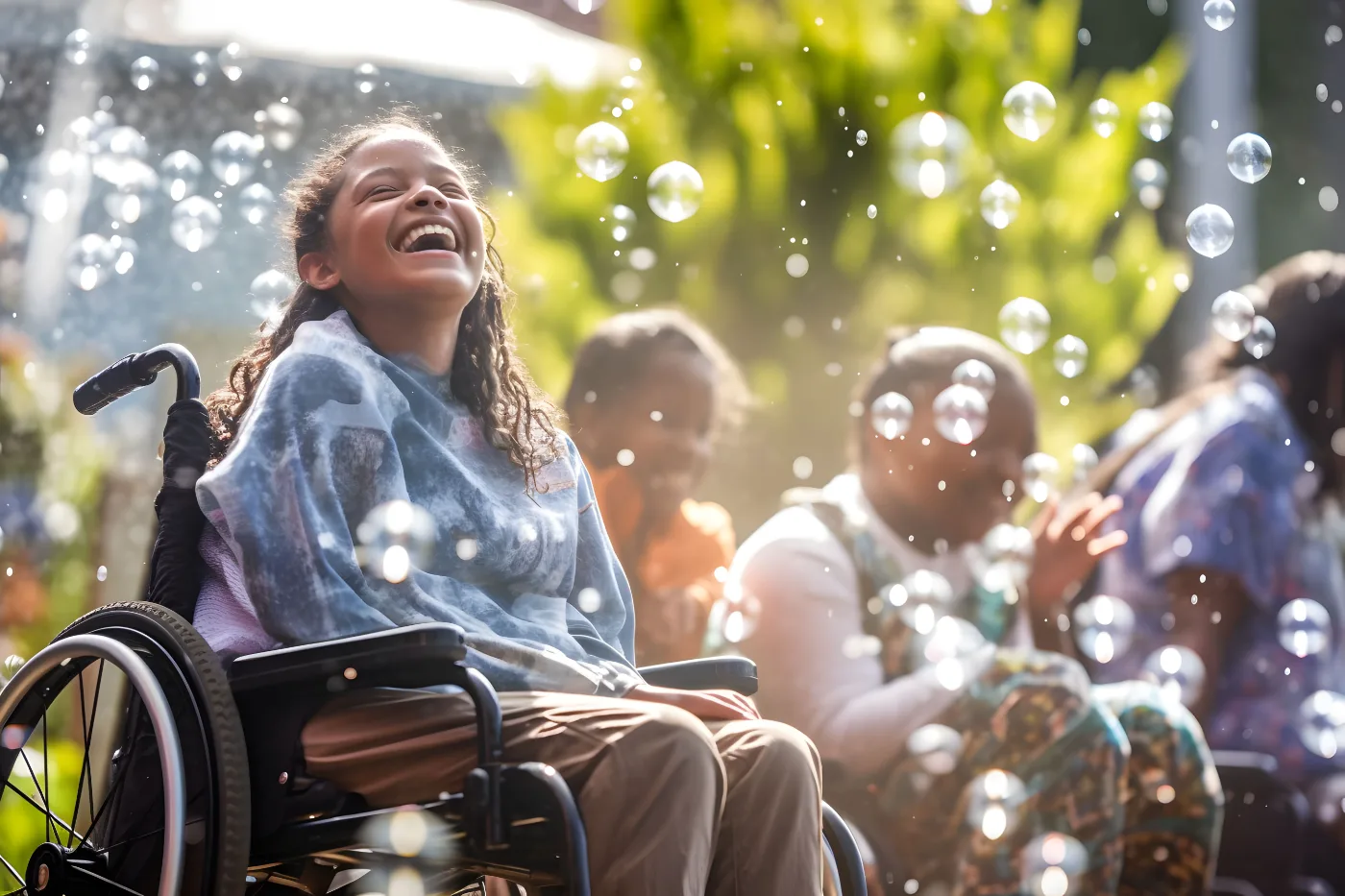 Participant in a wheelchair laughing among bubbles at an inclusive community activity